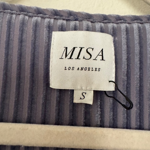 MISA Eve Pinstripe Velvet Ruffle Ribbed Wrap Midi Dress Lilac Blue S - Picture 6 of 10